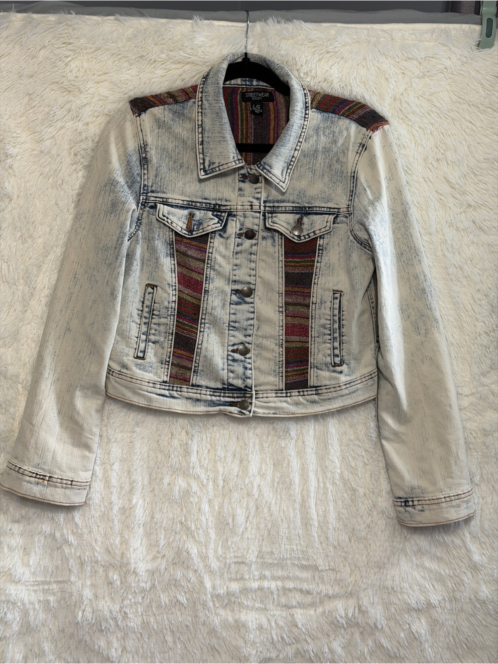 Streetwear Society Womens Boho Acid Wash Trucker Denim Jacket L Festival Hippie